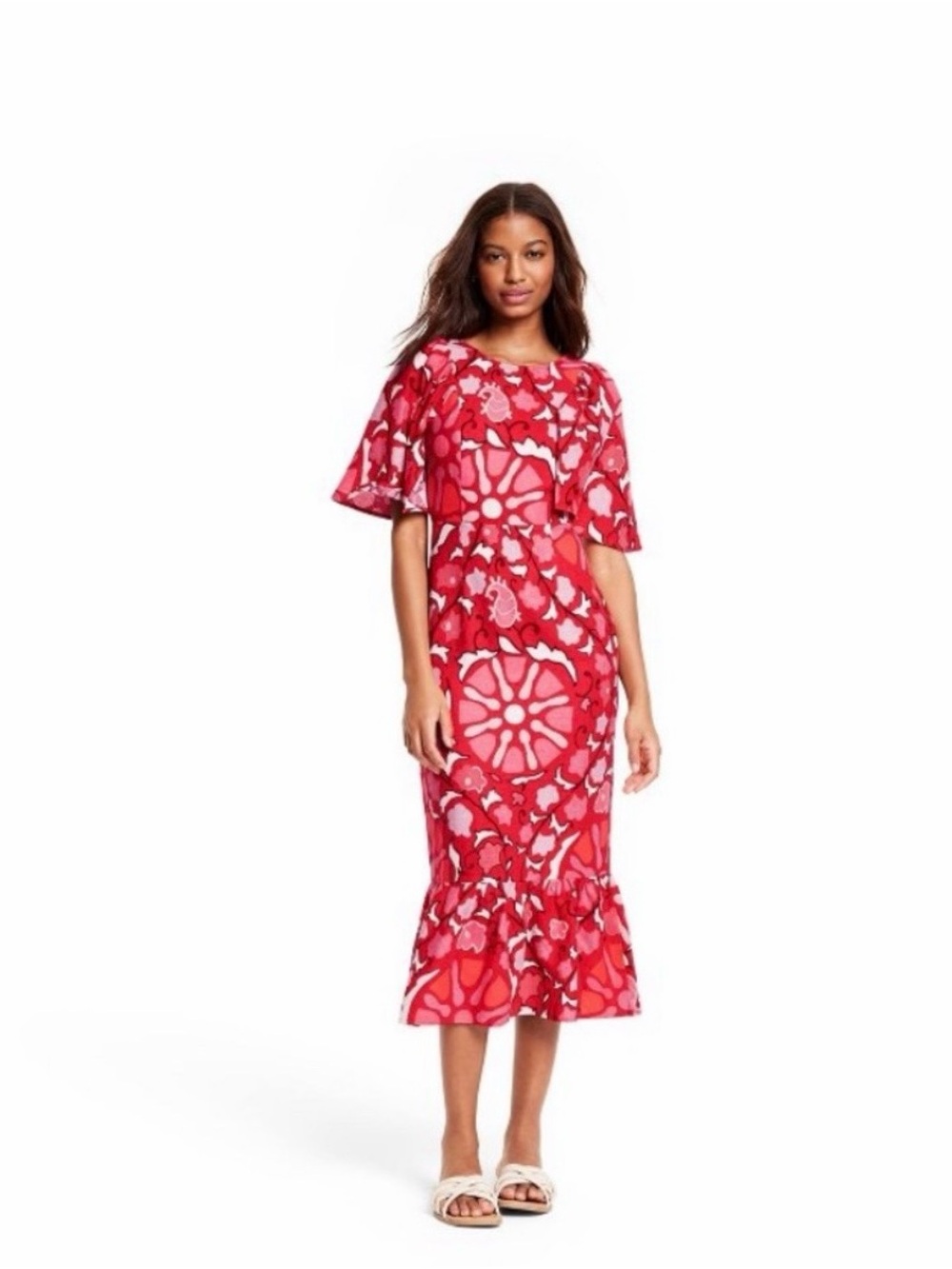 RHODE Red Pink Floral Midi Dress